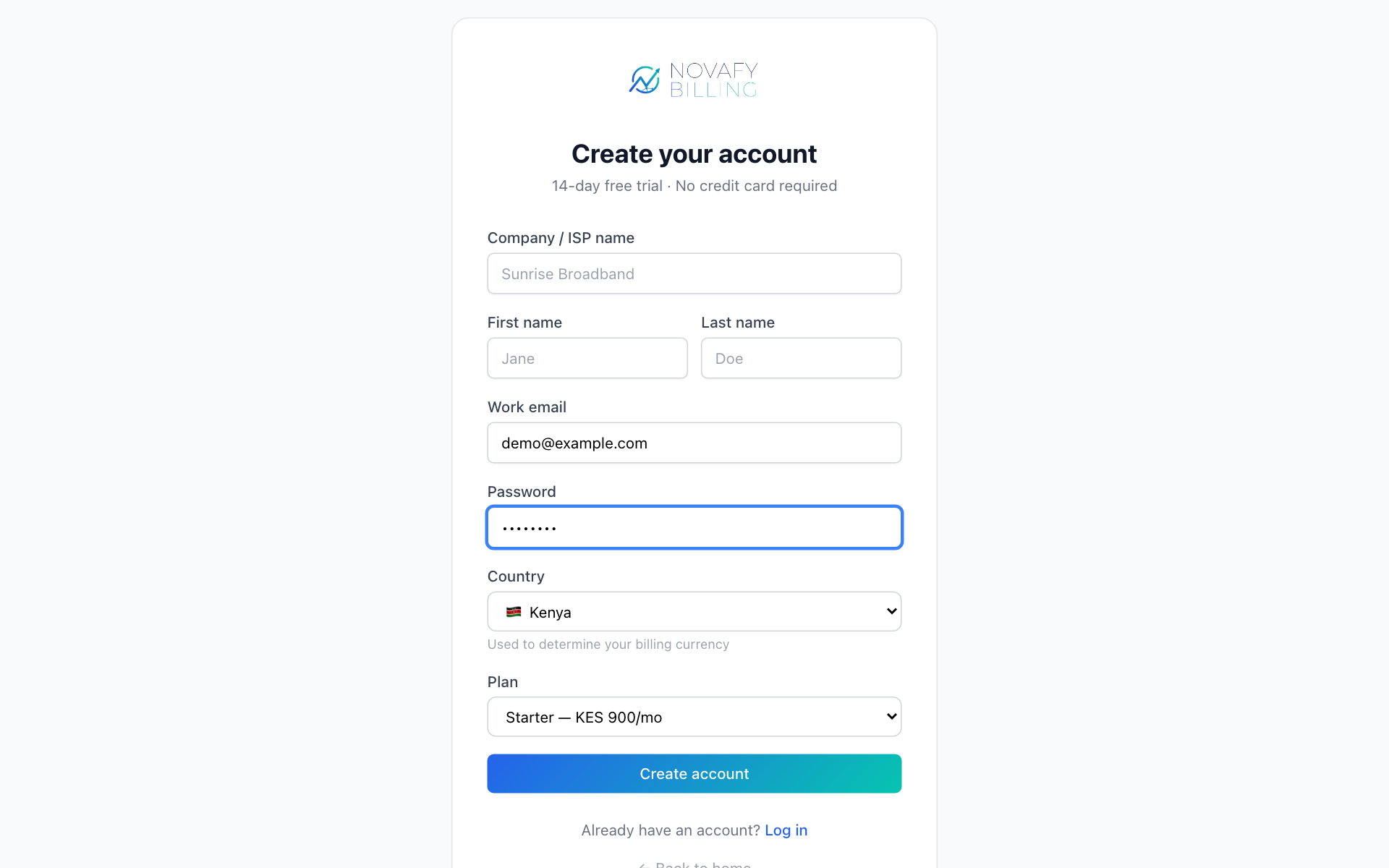 Registration form with example data