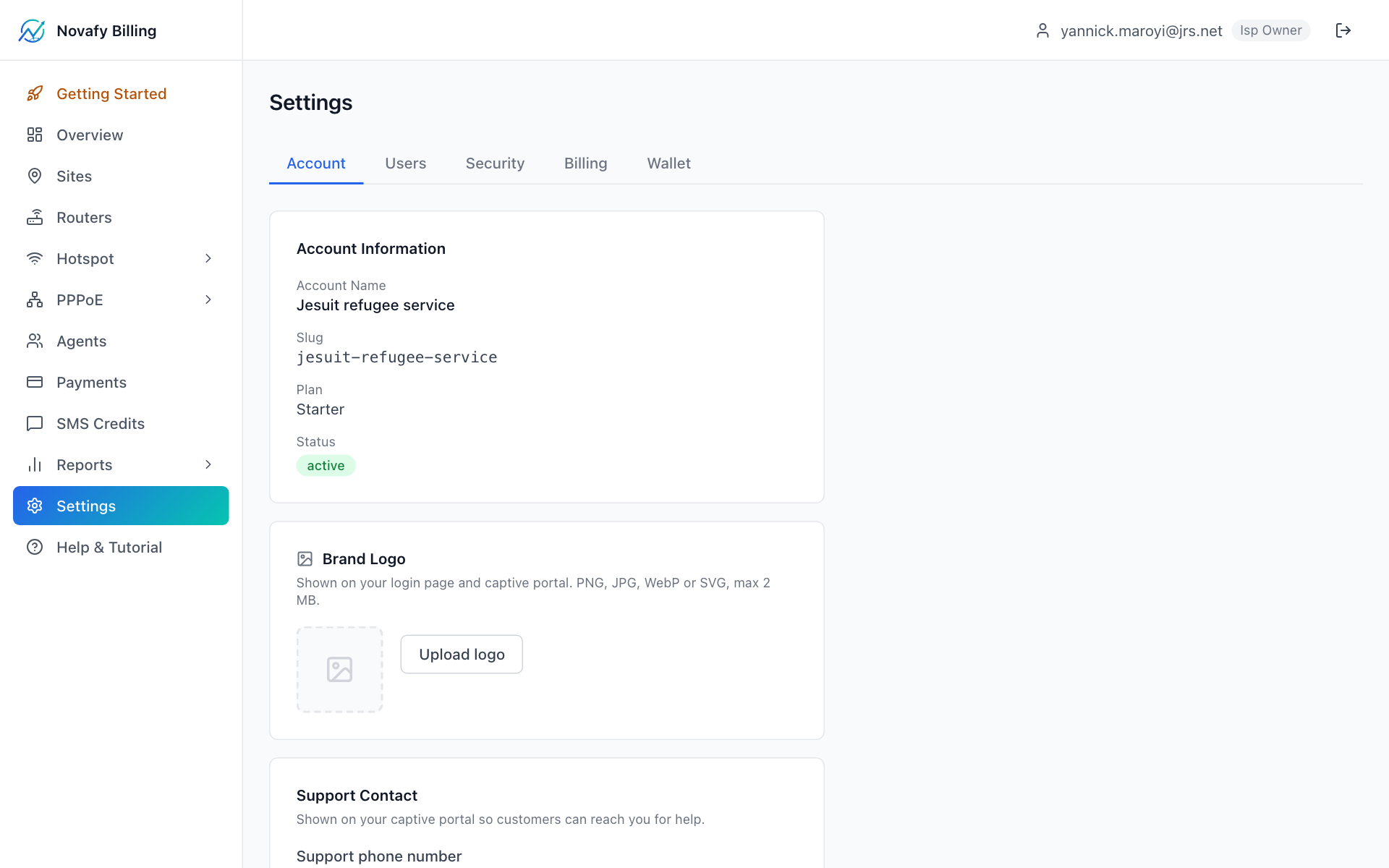 Full settings page — Branding, Contact, and Portal Language cards visible