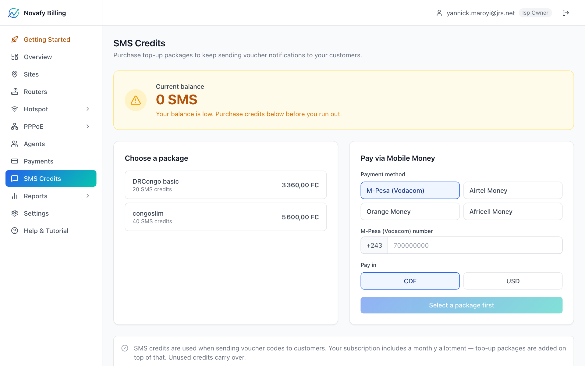 SMS packages page with package tiers and Buy buttons