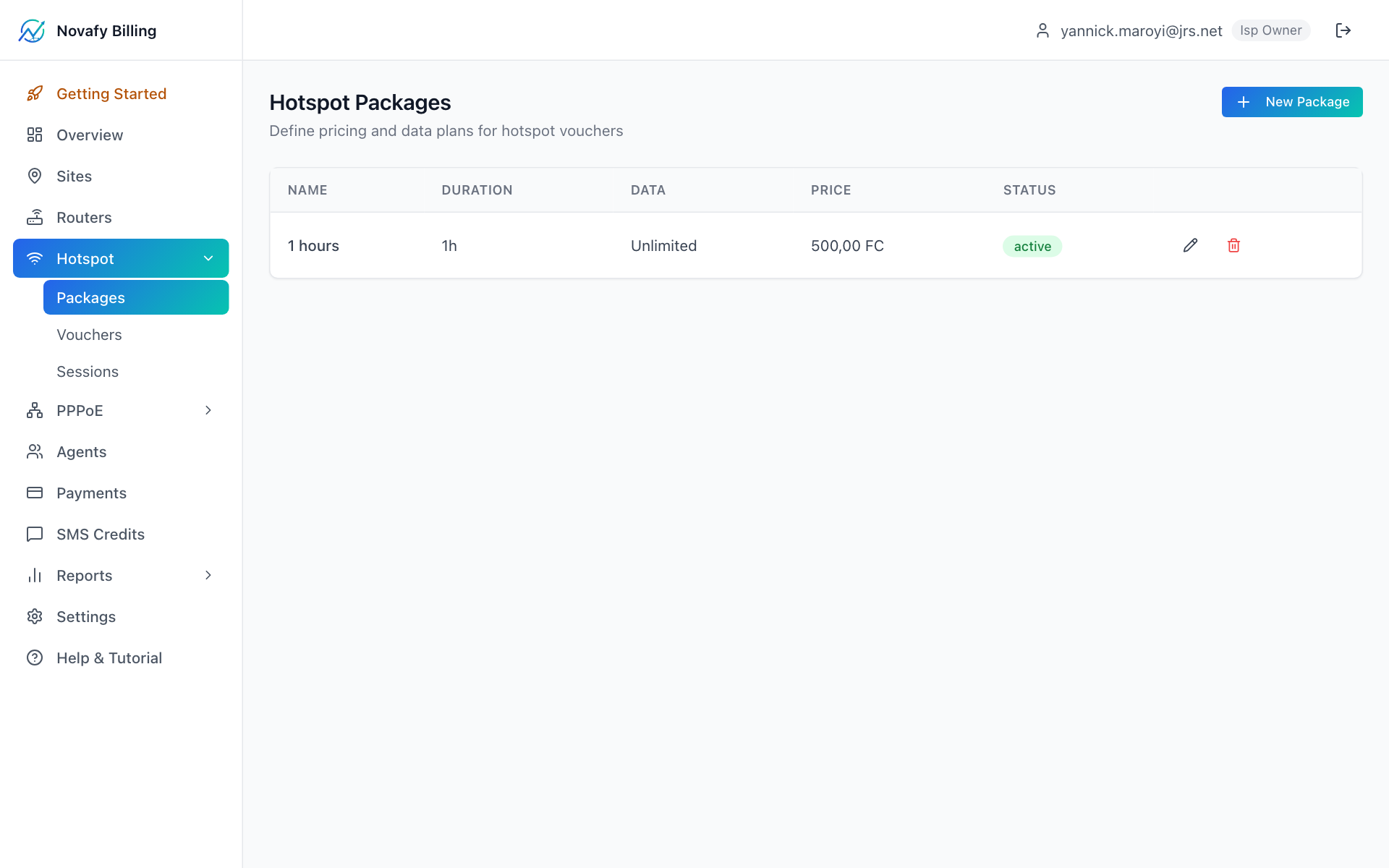 Add Package form with example values