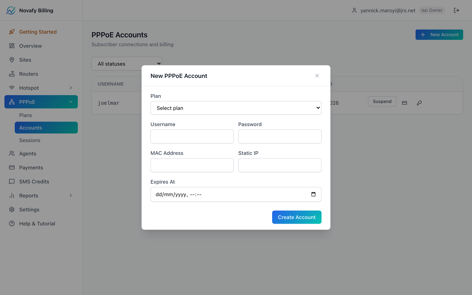 Add PPPoE Account form with example subscriber data