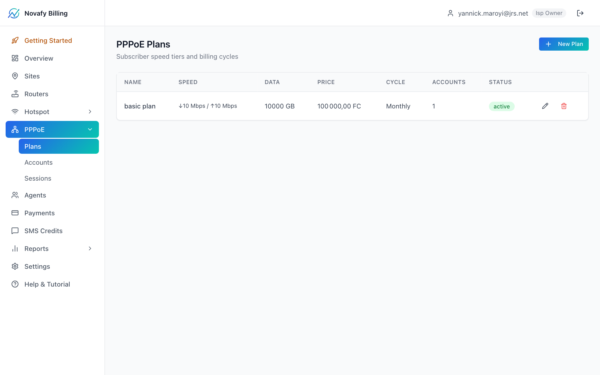 PPPoE Plans list with plan cards