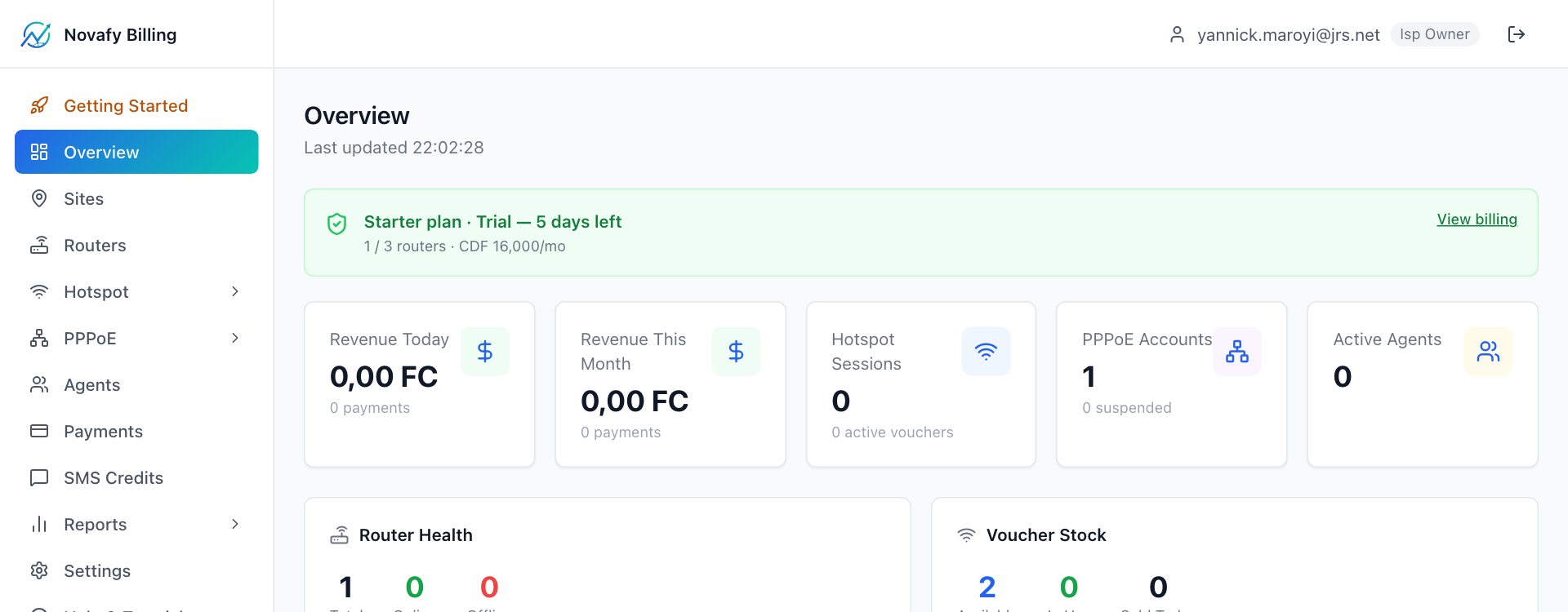 Dashboard balance card with Request Payout button