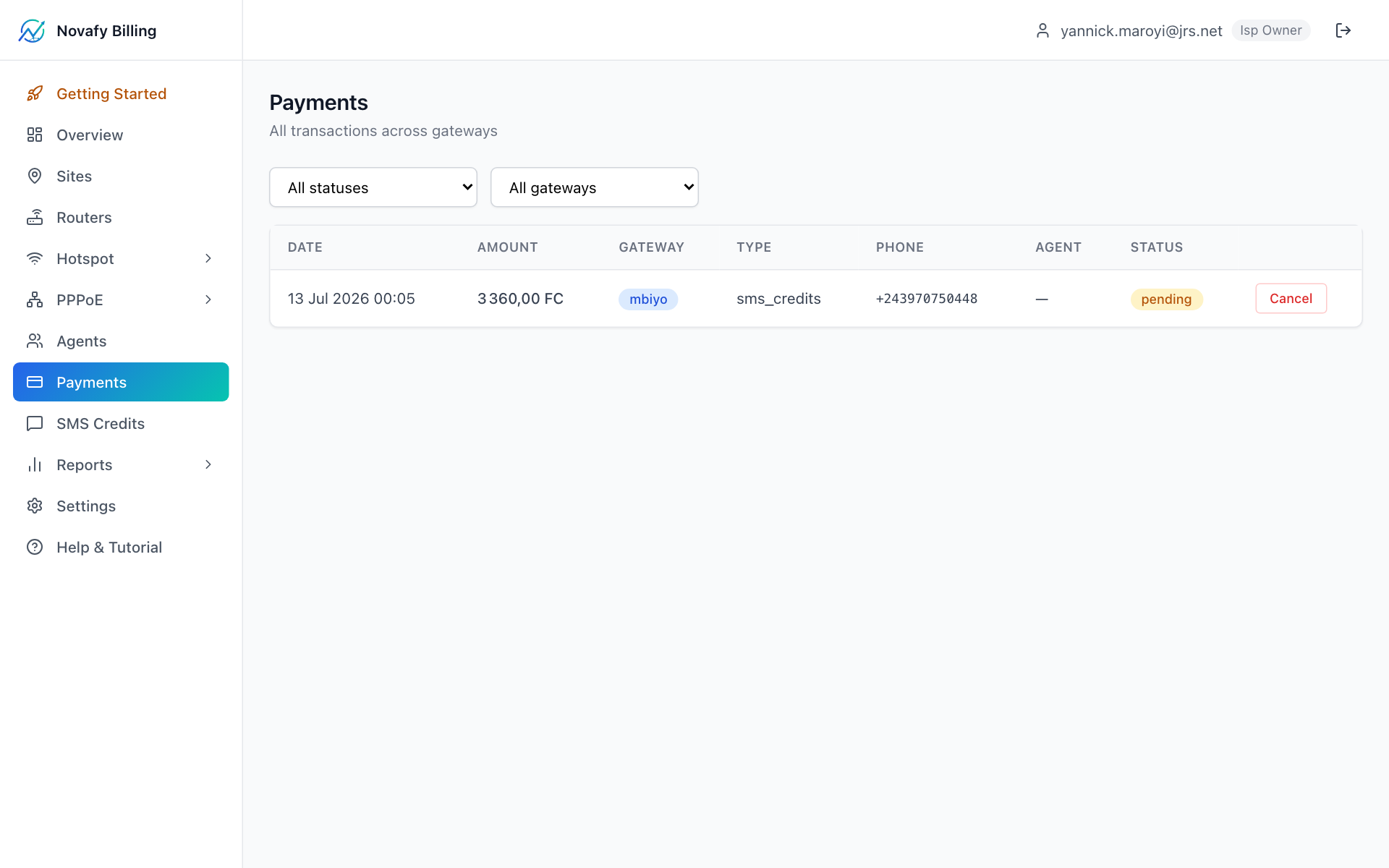 Payout request form with amount, phone, and provider fields